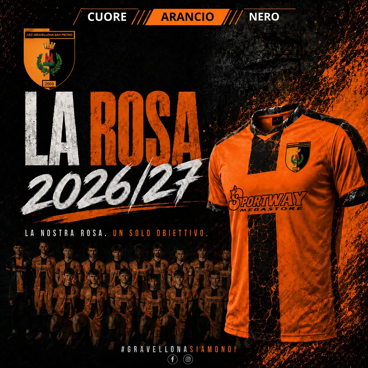 Rosa 2026/27 dell'ASD Gravellona San Pietro con la maglia ufficiale arancione e nera