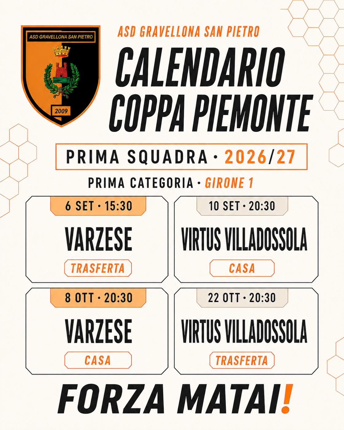 È pronto il calendario della nostra Prima Squadra per la Coppa Piemonte di Prima Categoria. Quattro appuntamenti, quattro sfide da vivere insieme. Segnatevi le date e venite a sos…