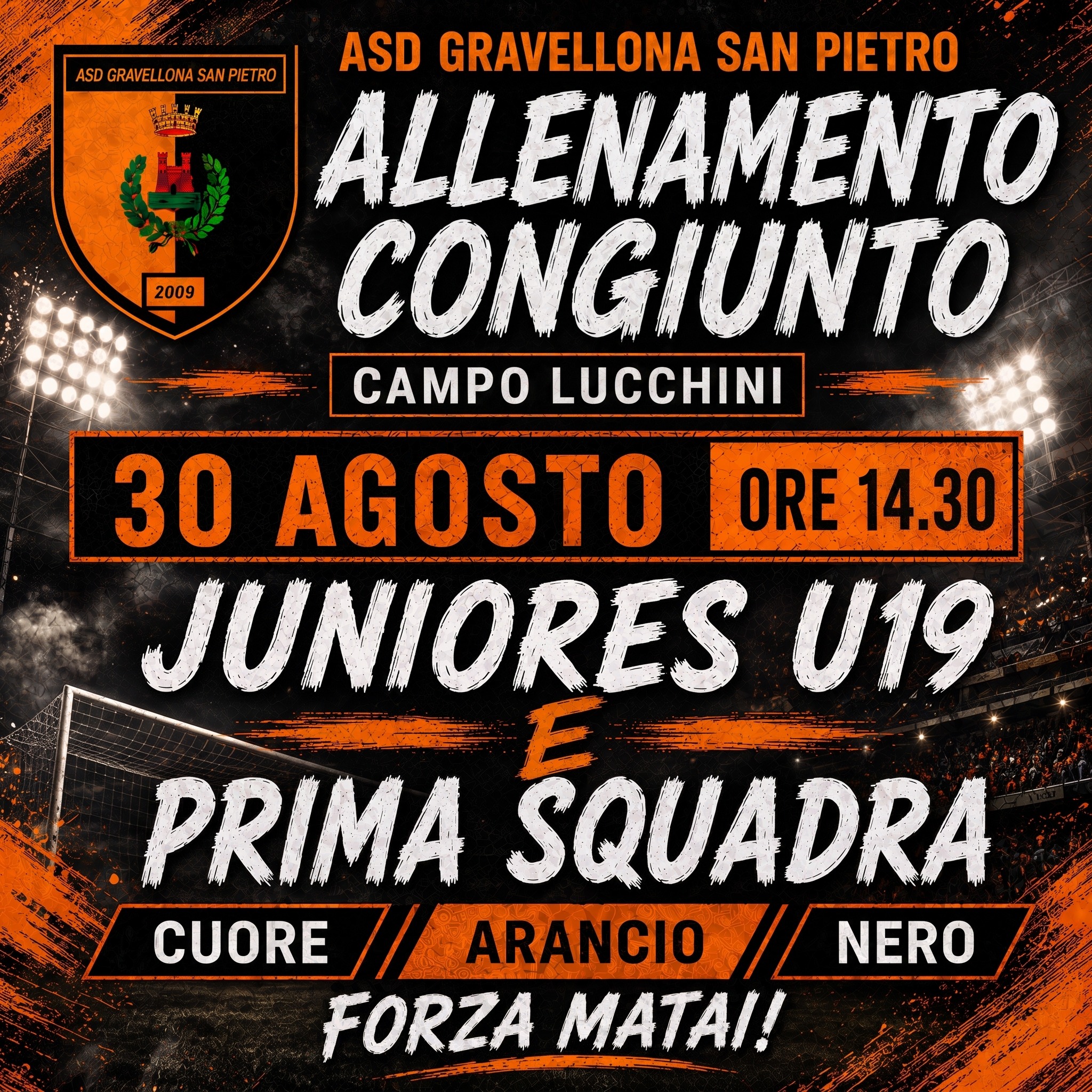 Aggiornamento di luogo e orario per l'allenamento congiunto tra la prima squadra e la nostra U19: saremo al campo Lucchini il 30 agosto alle ore 14.30 #Matai #Fioi
