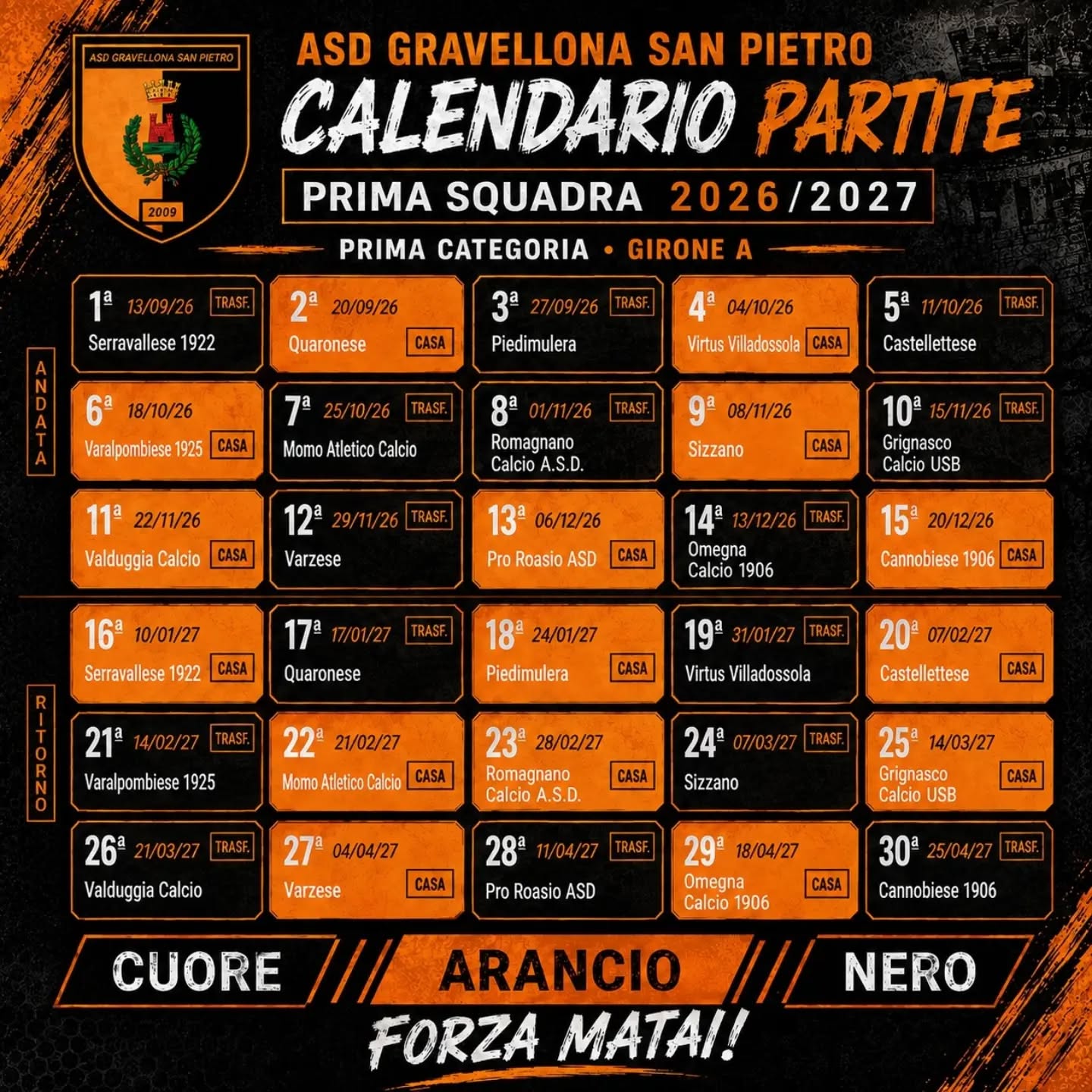 Ecco pubblicato il nostro calendario della prima squadra impegnata quest'anno in prima categoria con l'ambizione di fare bene e puntare sempre in alto! Forza Matai! #Matai